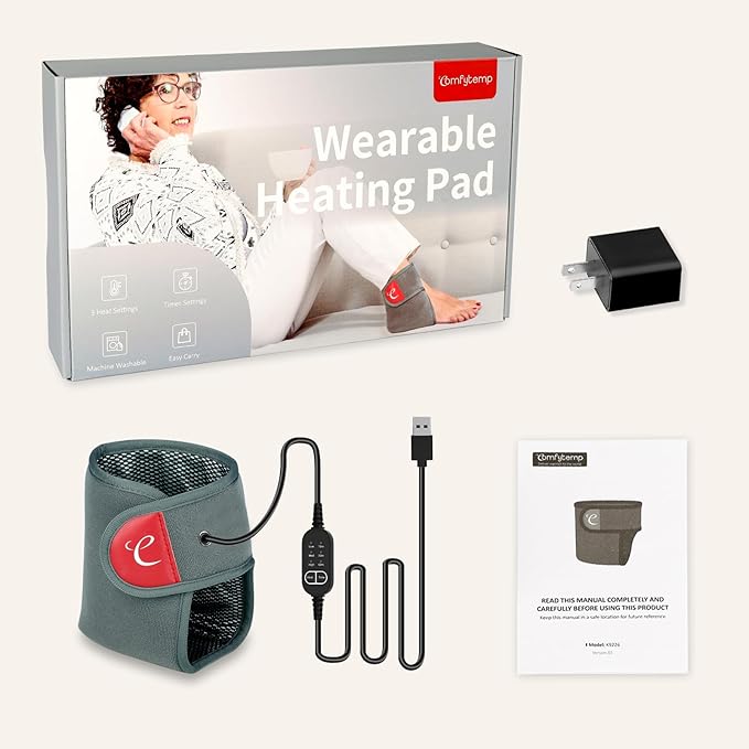 Comfytemp USB Wearable Heating Pad for Ankle and Feet With 3 Heat and Time Settings, Electric Heated Wrap for Achilles Tendonitis, Sprained Ankle, Heel Pain Relief, Plantar Fasciitis
