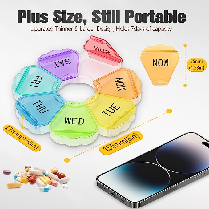 Enlarged Weekly Pill Organizer 7 Day, Daily Pill Box with Never Faded Etched 3D Date Labels, Travel Pill Case with Large Compartment for Medication, Vitamin, Fish Oil, Supplements(Rainbow)
