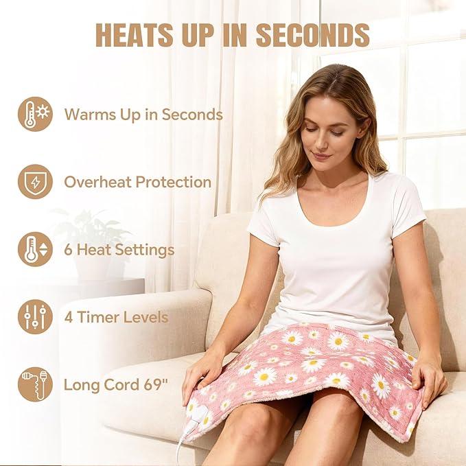 Daisy Heating Pad for Back Period Cramps Neck Shoulder Pain Relief, Portable Electric Heat Pads Pink Stuff Gifts Ideas, Funny Useful Self Care Christmas Birthday Gift for Women Mom Her Wife Girlfriend