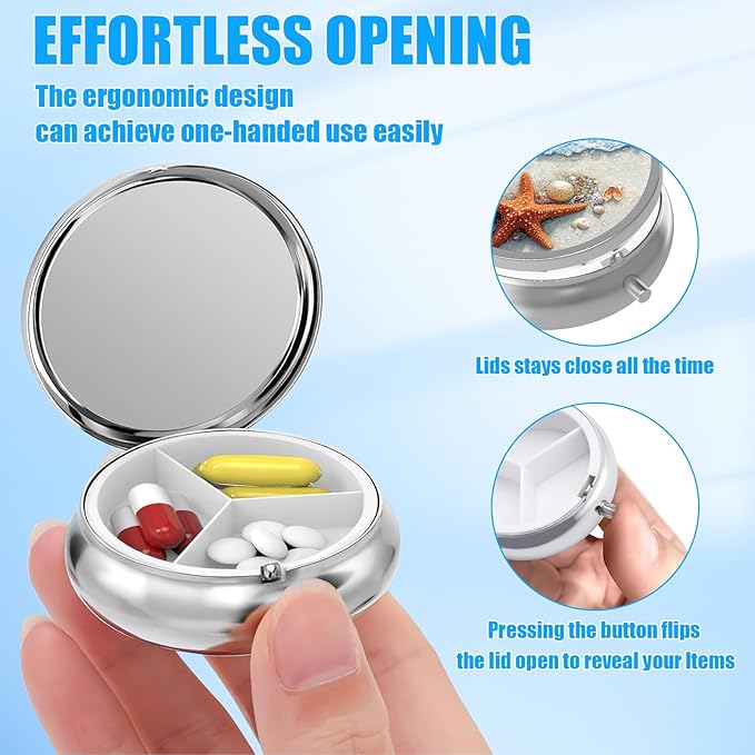 Pill Box, 3 Compartments Small Pill Case Travel Portable Metal Medicine Box with Mirror Mini Container for Purse Pocket Women Men(Beach Starfish)