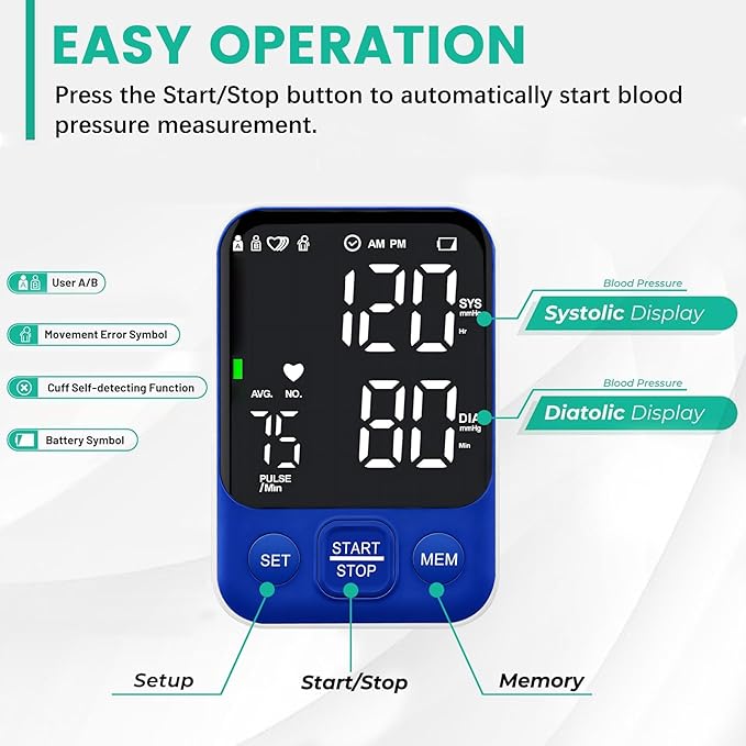 Blood Pressure Monitor Upper Arm Monitors for Home Use BP Machine with 2x120 Reading Memory Adjustable Arm Cuff 8.7"-15.7" Large Display with LED Background Light Storage Bag Navy