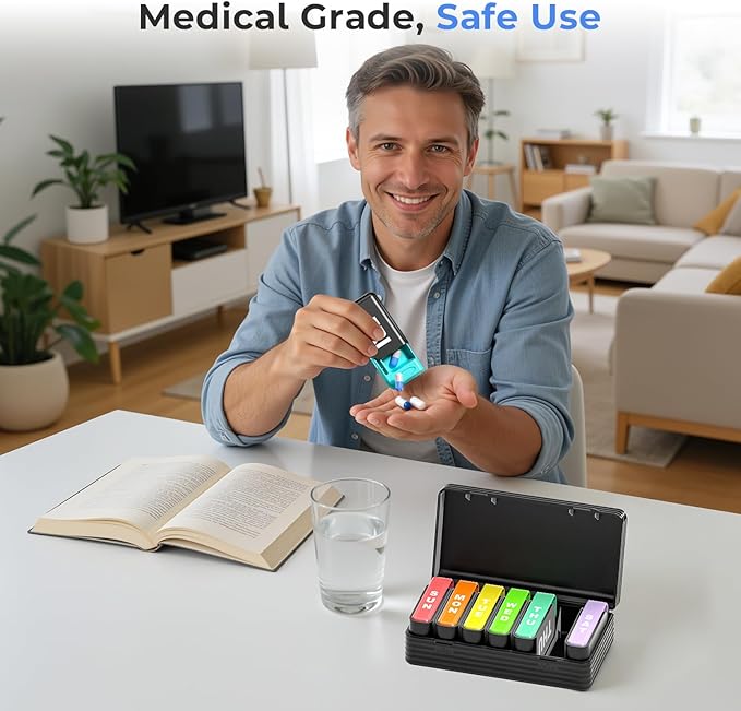 Betife Removable Travel Pill Organizer, Weekly Pill Organizer for 1 Time a Day with Easy Sliding Drawers, Large Pill Box with Airtight Seals for Supplements and Vitamins, Black