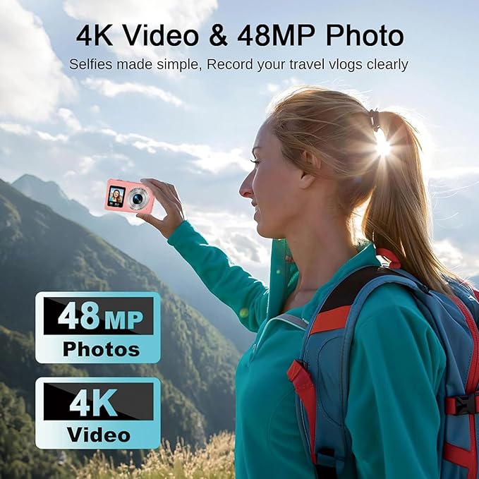 Digital Camera | with Dual Screen for Selfies | 48MP Kids Digital Camera with 18X Zoom | Autofocus 4K Vlogging Video Camera for Beginners | Anti-Shake Digital Cameras for Teens, Adults