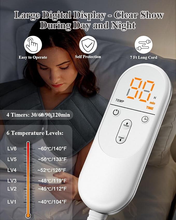 Heating Pad for Neck and Shoulders and Back, 24"x23" XL Large Electric Heated Wrap for Daily Relaxation, Gifts for Women Men, 2lb Weighted, 6 Heat Settings, 4 Timers, Silver Grey