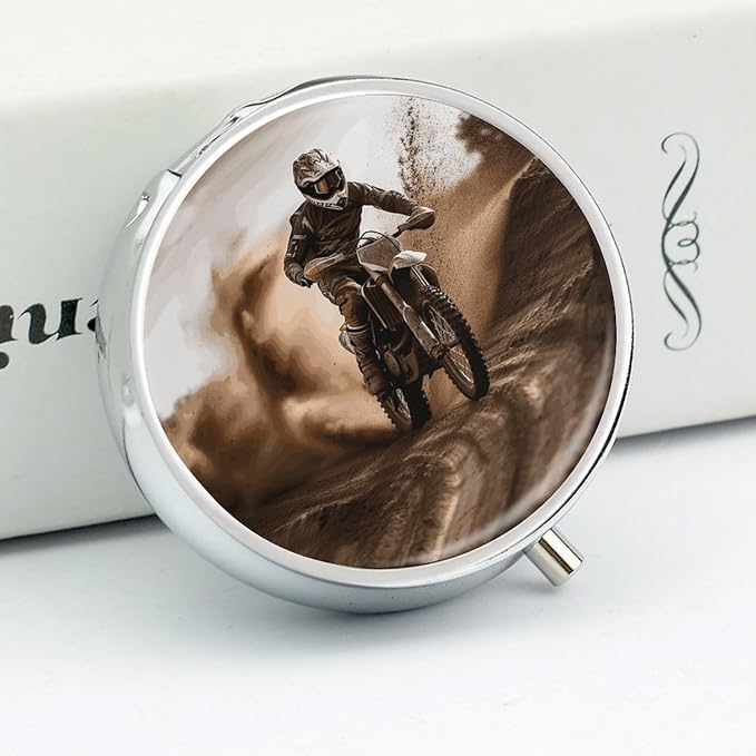 Motocross Pill Box Travel Pill Case for Purse Pocket Weekly Medicine Organizer with Mirror 3 Compartment Round Medicine Case Portable PillcaseHolder for Daily