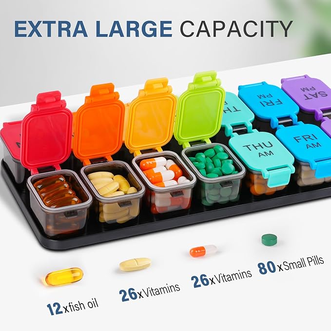 Extra Large Weekly Pill Organizer - 7 Day AM/PM Pill Box, Twice a Day XL Pill Container for Vitamins and Supplements, Airtight & Detachable Design, Ideal for Daily Medication Management