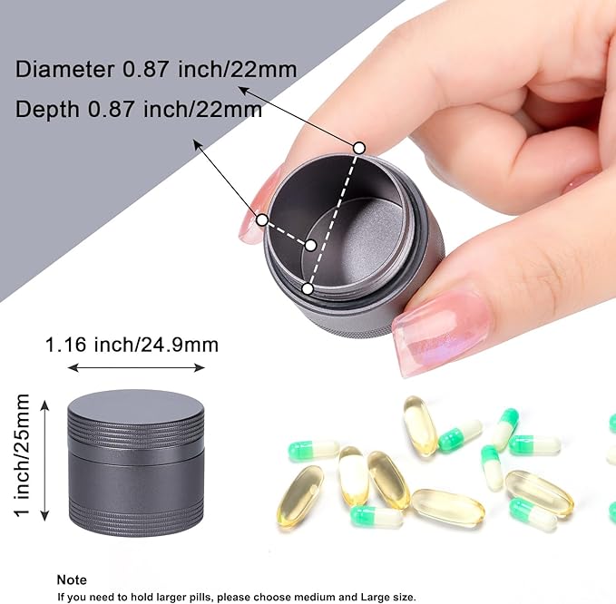 Small Pill Case Metal Pill Box - Waterproof Pill Container Single Round Aluminum Alloy Storage Medicine Holder Organizer Multitool EDC Every Day for Vitamin, Fish Oil Gray