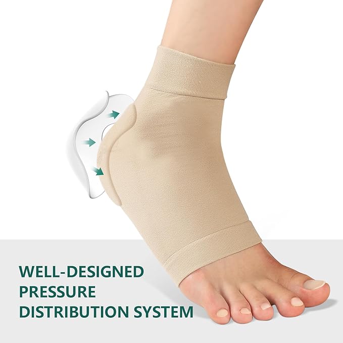 Welnove Achilles Tendonitis Heel Protector Socks - 4 Pcs Achilles Tendon Support Compression Socks - Gel Padded Sleeve for Cushion & Protection of Bursitis, Tenderness, Dry Cracked (Beige,Regular)