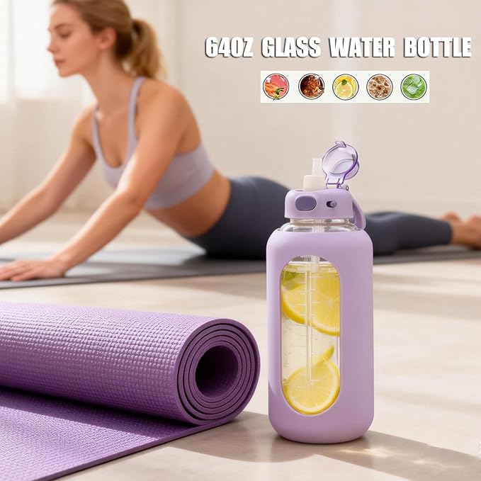 SIEROZUR 32 oz Glass Water Bottle with Straw and Handle 1 Liter Glass Water Bottle with Silicone Sleeve and Time Marker Sports Water Jug Wide Mouth for Travel Gym