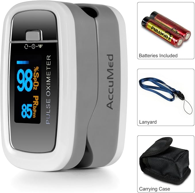 AccuMed CMS-50D1 Fingertip Pulse Oximeter Blood Oxygen Sensor SpO2 for Sports and Aviation. Portable and Lightweight with LED Display, 2 AAA Batteries, Lanyard and Travel Case (White)