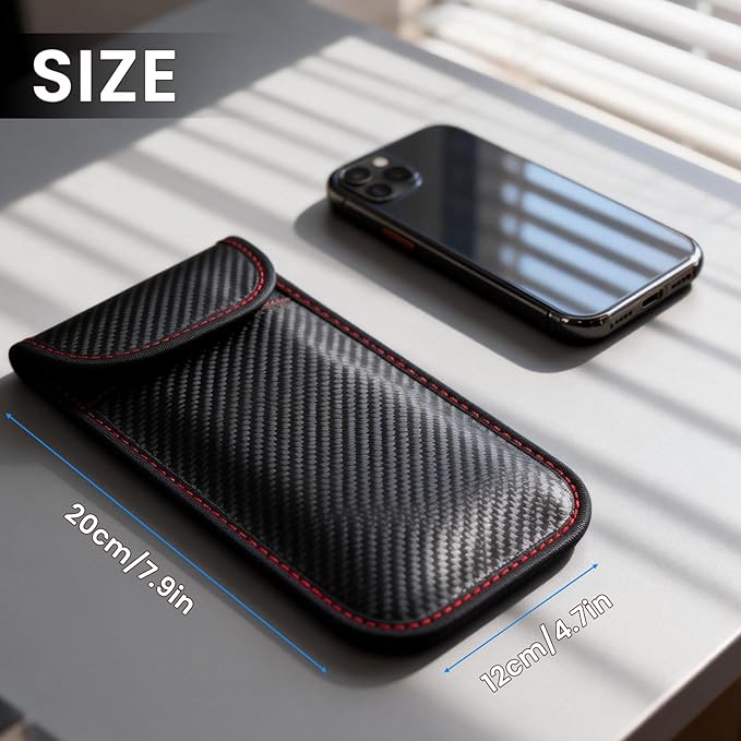 Faraday Bags For Phones,Faraday Phone Bag,Go Dark Bags For Cell Phones,Carbon Fiber Surface Signal Blocking Pouch, Car Key/Wifi/Rfid/Gps Signal Blocker With Red Blue Stiching