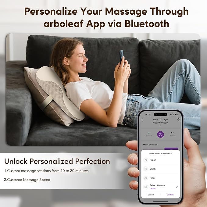arboleaf Back Massager for Pain Relief Deep Tissue, Bluetooth App Control, Shiatsu Neck Shoulder Massager with Heat, Cordless Portable for Chair Car Office Home