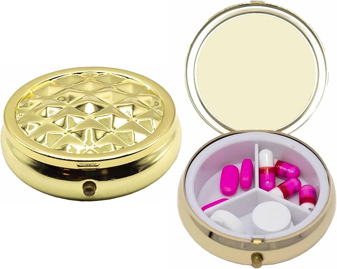 Set of 2 Circular Embossed Triple-Compartment Pocket Purse Pill Box & Organizer (Gold Ridge)