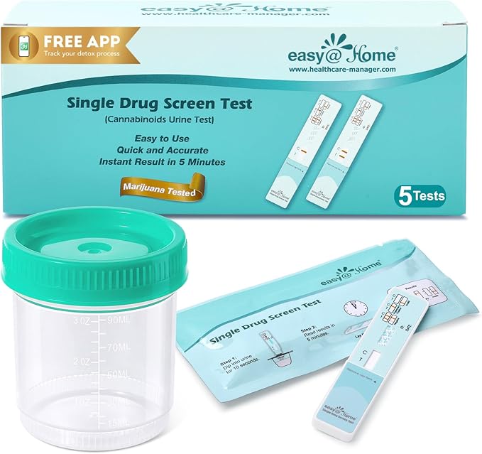 Easy@Home Marijuana THC Test Kit with Urine Cup: 5 Pack Highly Accurate Urine Drug Screen Tests for Weed/Cannabis, Standard Detection Threshold 50ng/mL, Instant Results in 5 Min