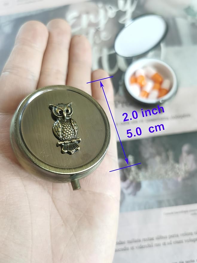 Vintage Metal Pill Box with Owl Design, Round Travel Pill Organizer, Small Bronze Portable Pill Box for Pocket or Purse,Decorative Metal Medicine Vitamin Pill Case Classical