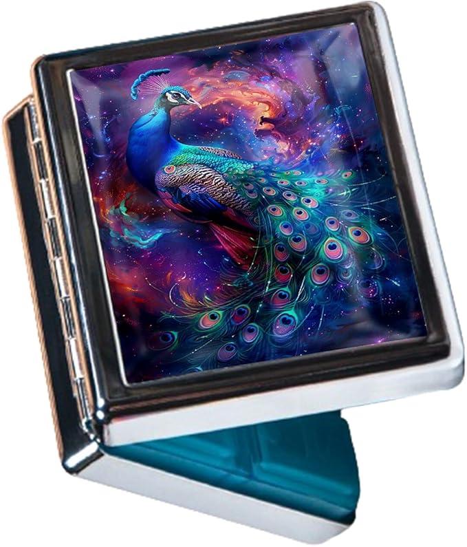 Cute Travel Pill Box Organizer with 8 Compartments - Compact and Fashionable Pill Case with Mirror - Ideal for Medications (Cosmic Peacock)