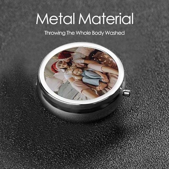Custom Pill Box with 2 Compartment, Personalized Photo Text Logo Name Travel Small Pill Case, Customized Portable Metal Medicine Container Vitamin Organizer, Round