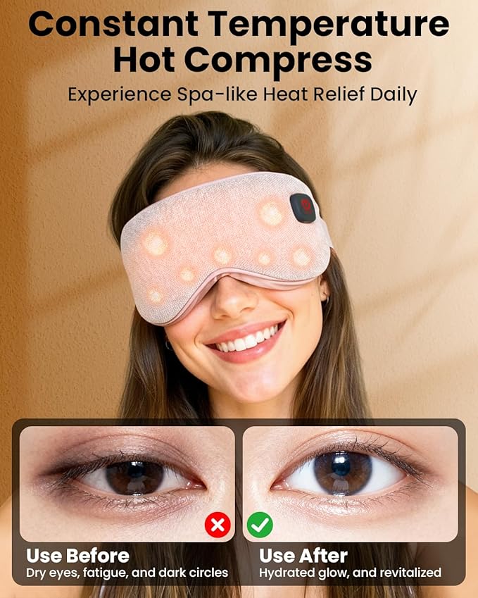 Heated Eye Mask - Cordless Eye Mask for Dry Eyes, Eye Relief, Improved Sleep, 4 Temperature, Washable Eye Heating Pad for Travel and with Replaceable Shell