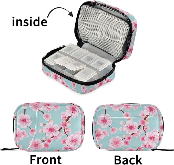 Fustylead Pink Cherry Flower Pill Organizer Travel Portable Zipper Cloth Bag for Holding Weekly Supplements Vitamins and Fish Oils