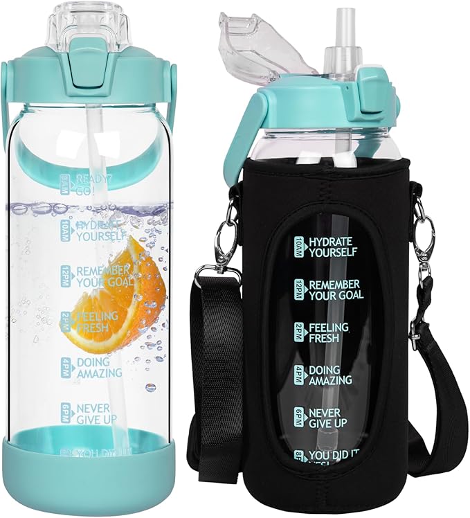 64 oz Glass Water Bottle with Straw and Time Marker, Half Gallon Large Motivational Borosilicate Glass Drinking Bottle with Silicone Boot and Sleeve