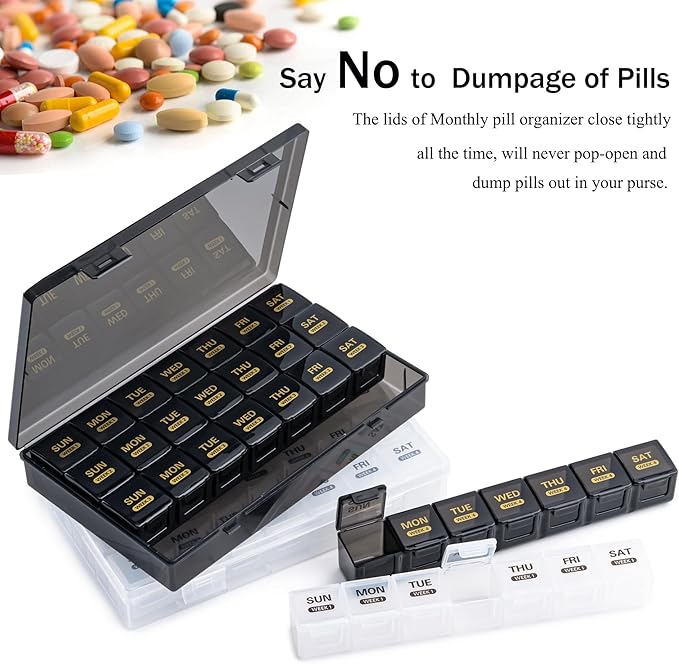 Monthly Pill Organizer, 28 Day Pill Box 1 Time a Day with Dust-Proof Case, Large 4 Weeks a Month Pill Case Container, Daily Vitamin Case Box for Pills/Medicine/Fish Oil/Supplements（White）