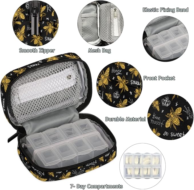 Pill Case Pill Travel Organizer 7 Day Weekly Medicine Pill Box Gold Bee Sweet Small Cute Compact Size Vitamin Container Pill Bottle Portable Birth Control Pill Holder Bag with Zipper