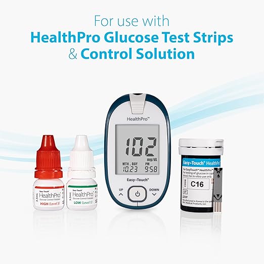 HealthPro Blood Glucose Monitor System Kit by Easy Touch - Complete Diabetes Testing Starter Set with Glucose Meter, Lancing Device, 10 Twist Lancets, Carrying Case, Logbook, Quick Guide & Batteries
