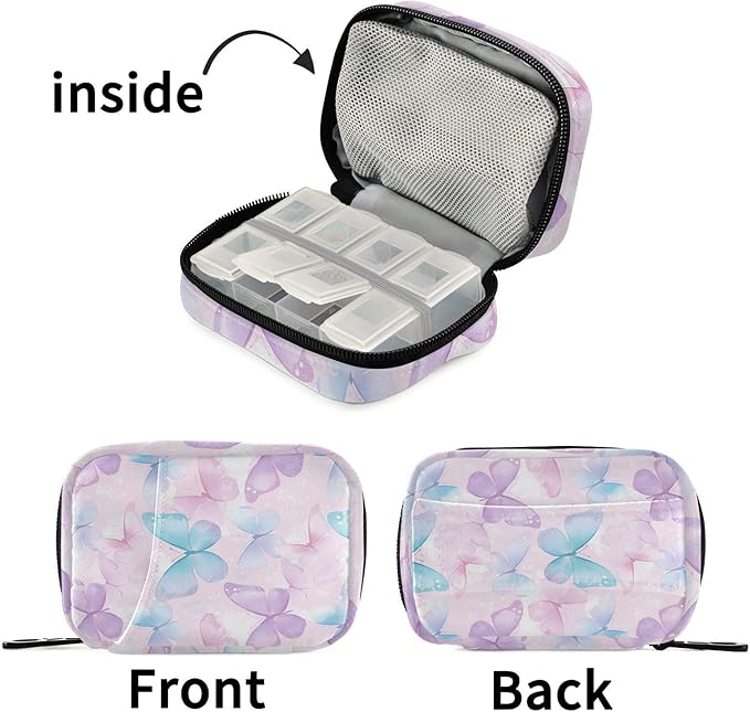 Pink Butterfly Travel Pill Case Bag with Compartments Twill Fabric Organizer with Plastic Inner Box for Medication Vitamins & Supplements
