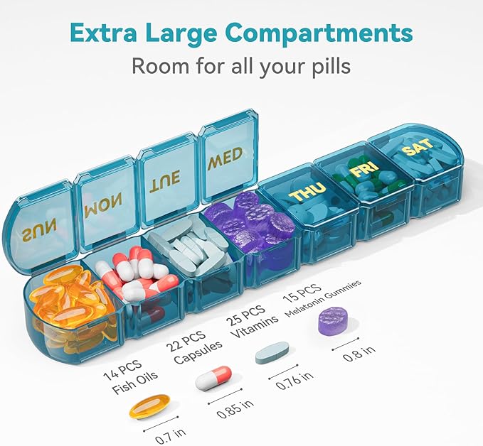 Large Pill Organizer Weekly - SHIJOINYU 7 Day Pill Box with Easy-Open Design, Daily Medicine Pill Organizer for Vitamins, Supplements, Fish Oils and Medications - Blue