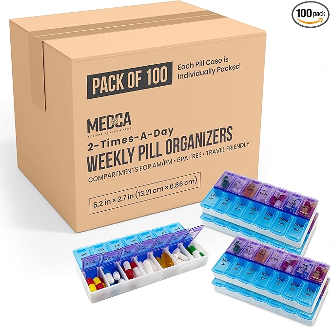 MEDca Pill Organizers - Small Pill Organizer with Weekly and Daily 2-Times-A-Day Compartments for AM/PM - BPA-Free, Portable and Travel Friendly Pill Boxes Case of 100