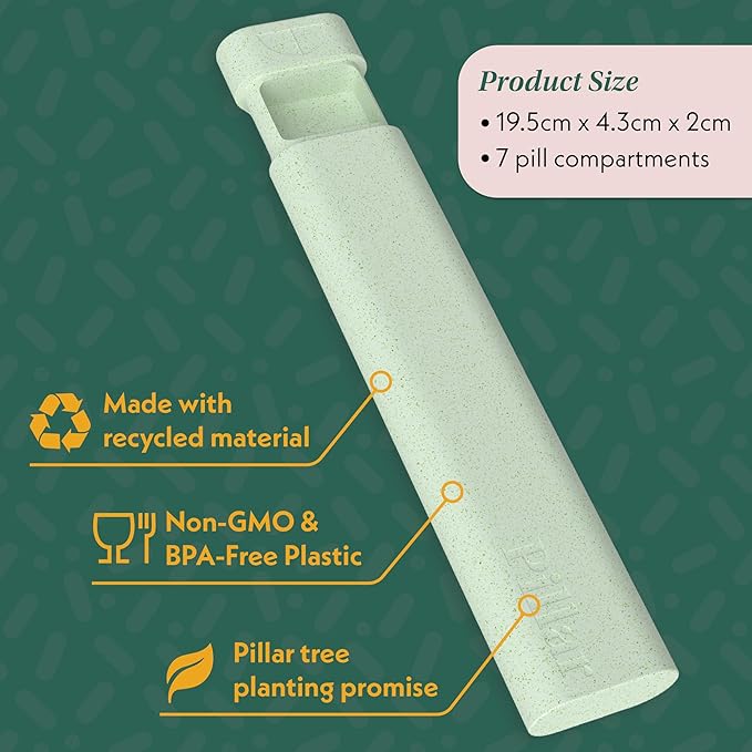 Pillar - 7 Day Pill Box Organizer | BPA-Free Wheat Straw Pill Organizer | Beautiful Tablet Organiser for Travel and Home (Sage Green)