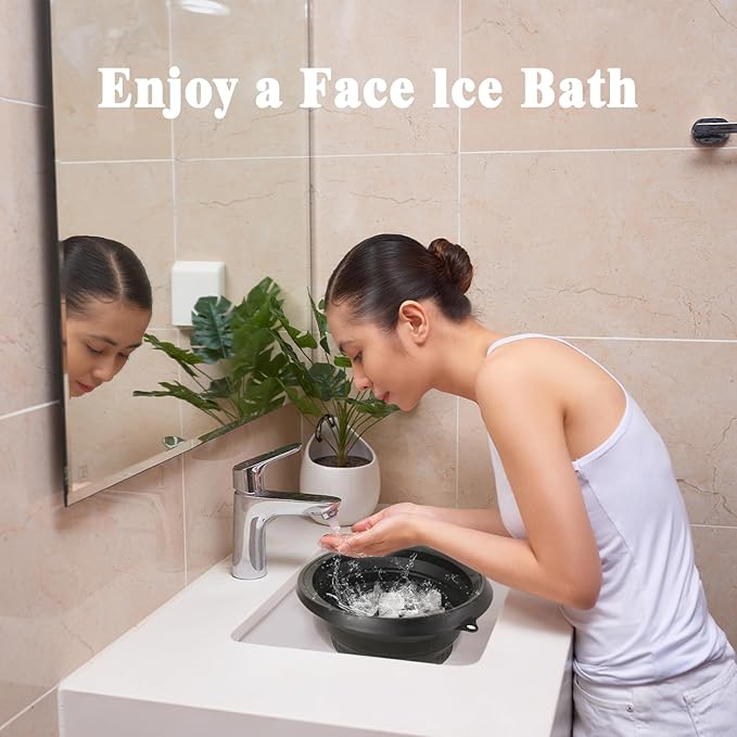 Large Silicone Bowl for Face Ice Bath with Built-In Icetray, Foldable and Hanging Design for Easy Storage and Carrying, Dipping Face Ice Bath at Home and Travel (Black)
