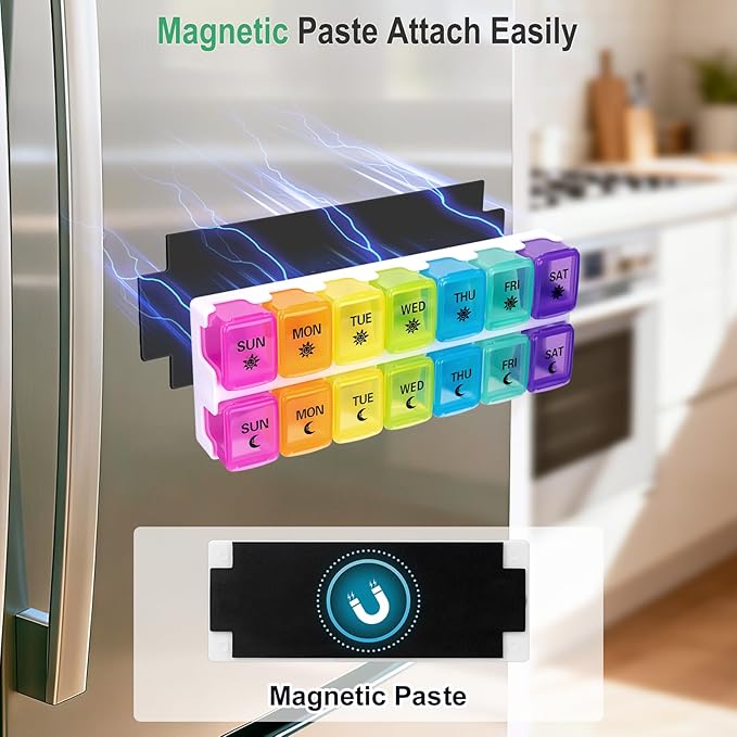 Zentiky Magnetic Pill Organizer for Fridge - AM PM Pill Organizer 2 Times a Day,Magnetic Weekly Pill Organizer 7 Day Medicine Pill Case for Daily Supplement,Vitamins,Medication