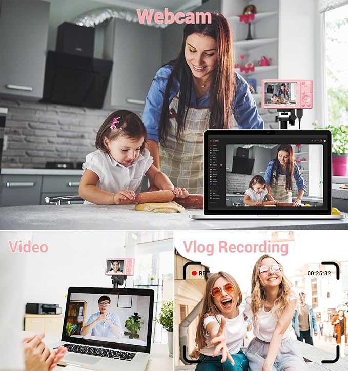 Digital Camera,Upgraded FHD 4K Pink Digital Camera for Teens Girls,Compact Digital Cameras with 64GB Memory Card,2 Batteries,Small Camera with 16X Autofocus Digital Zoom for Vlogging