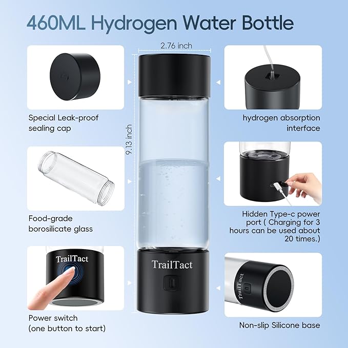 Hydrogen Water Bottle, 2025 Upgraded SPE/PEM Technology-3 Minutes Hydrogen Rich, Portable Athletic Performance, Hydration System for Home, Office, Fitness Travel, Sports, Drinking (Black)
