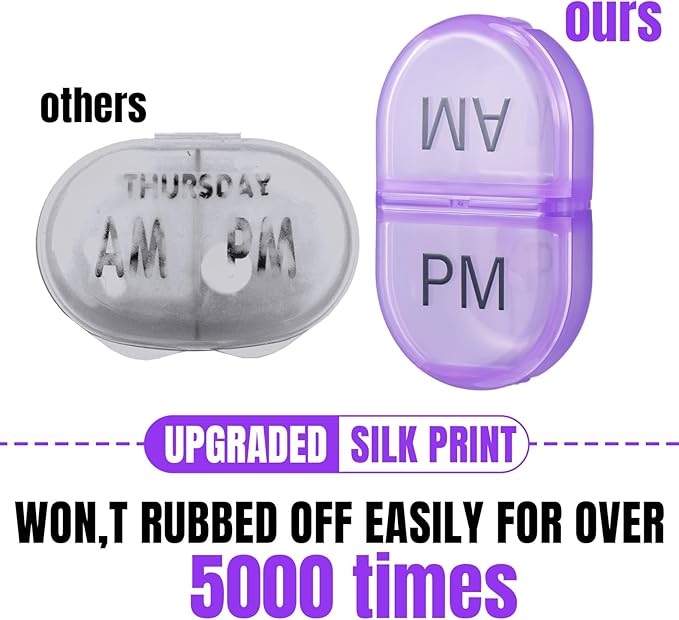 6 Pack Pill Organizer Pocket Small Case Holder Am Pm Pill Case Portable Two Compartment Round Travel 2 Times a Day for Vitamin Medication Supplement(Purple)