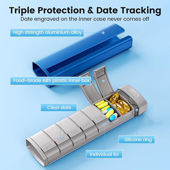 Daviky Metal Travel Pill Organizer, Premium Aluminum Pill Box 7 Day, Weekly Daily Pill Case, Stylish&Cute Pill Holder for Medicines, Supplements and Vitamins (Blue+Gray)