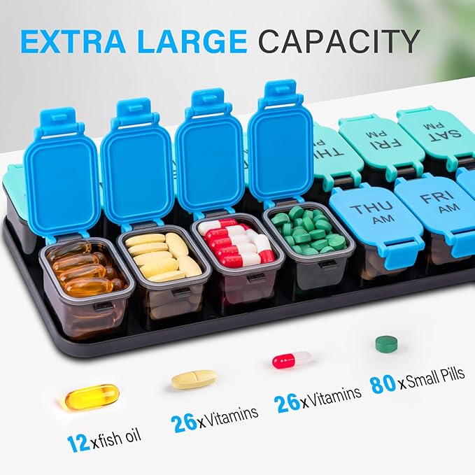 Large 7 Day Pill Organizer, XL AM PM Twice a Day Medicine Storage Box, Big 2 Week Pill Holder for Pills, Vitamins & Supplements, Travel Pill Case for Medication（Blue+Cyan）