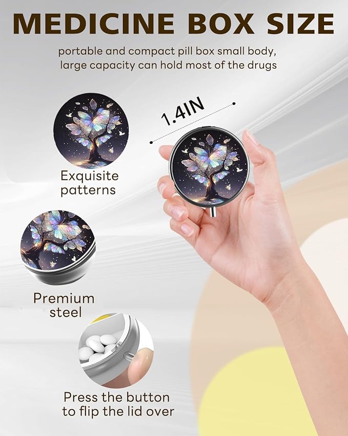 LRITER Pill Case, Portable Travel Pill Box, Pillbox Organizer, Cute Small Medicine Storage Container, Purse Accessories for Women, Men (Butterfly Tree)