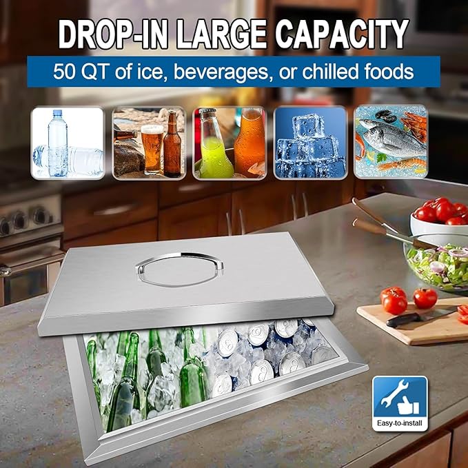 Commercial Stainless Steel Drop-in Ice Bin Chest – Insulated Bar Ice Well for Beverage Service
