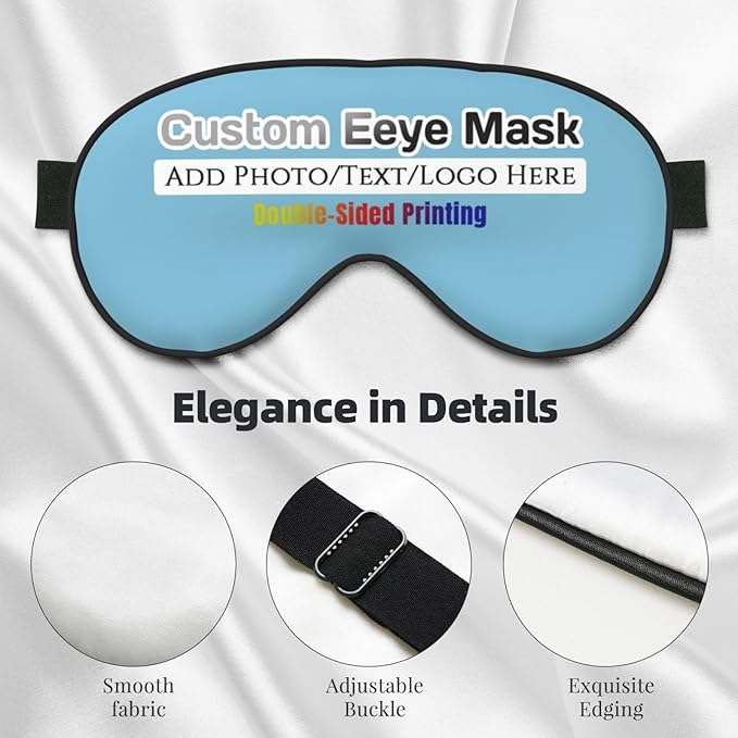 Custom Eye Mask for Sleeping Personalized Your Photo Text Logo Adjustable Strap Sleep Mask Customized Soft Blindfold Eyemask Blackout Eye Cover for Men Women Home Travel Offices Sky Blue