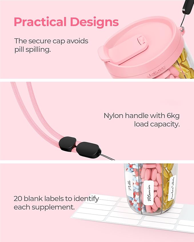 Large Pill Dispenser with 6 Compartments, Anti-Mix Pill Bottle Organizer with Wide Opening & Easy Retrieval, Vitamin Organizer for Travel, BPA-Free Pill Box with a Strap, Pink