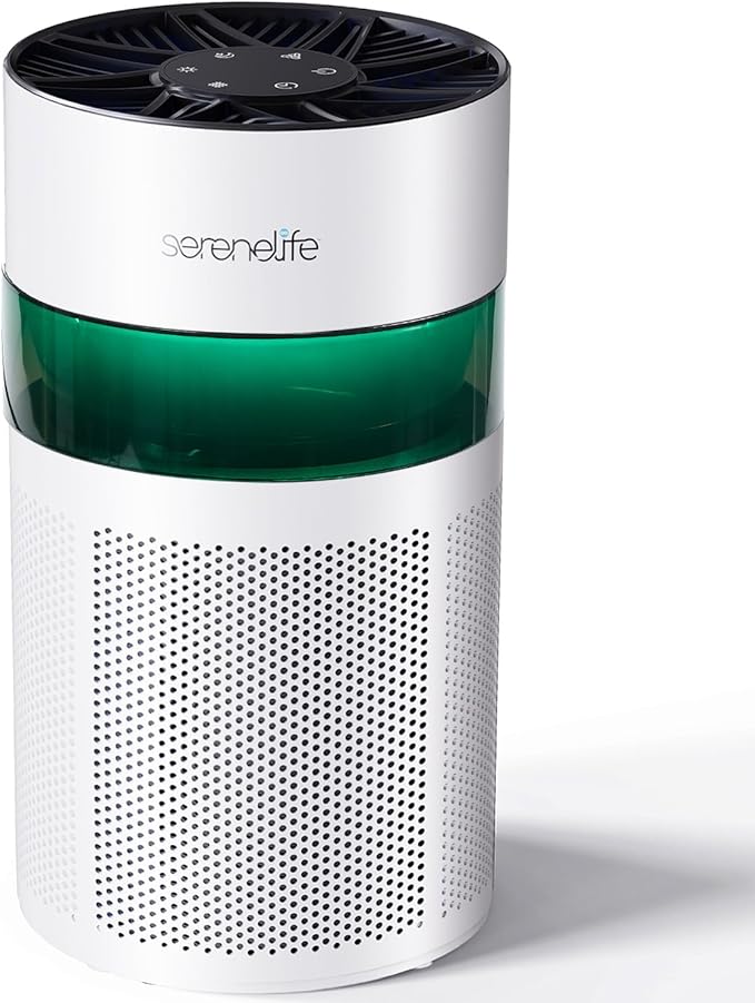 SereneLife Portable Air Purifier - Small Air Purifier with Aroma Box & Ambient Light, High Filtration Efficiency, 2-Speed, Timer & Sleep Mode, Filter Change Reminder, 6 x 6 x 12 in. (White)