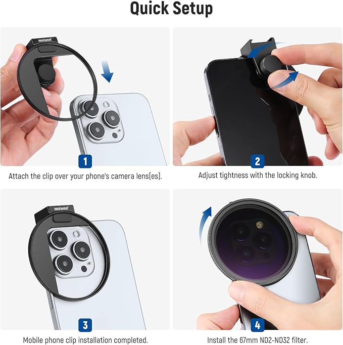 NEEWER 67mm Clip On Variable ND Filter Kit with Cold Shoe Phone Clip, Adjustable ND2-32 Filter Compatible with iPhone 17 16 15 Pro Max Plus Android Samsung Galaxy S24 S25 Ultra