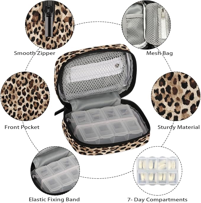 Leopard Print Cheetah Pill Case Everyday Travel, 7 Day Weekly Medicine Pill Box Compact Portable Pills Bottle Organizer with Zipper for Daily Vitamin Medicine Holder Bottle Organizers Bag