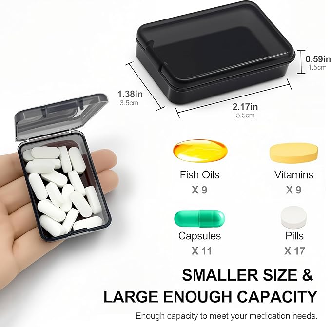 6 PCS Small Pill Box, Tiny Pill Case,Mini Clear Plastic Storage Containers Cute Travel Pill Organizer Case Portable for Pocket Purse Briefcase (Black)