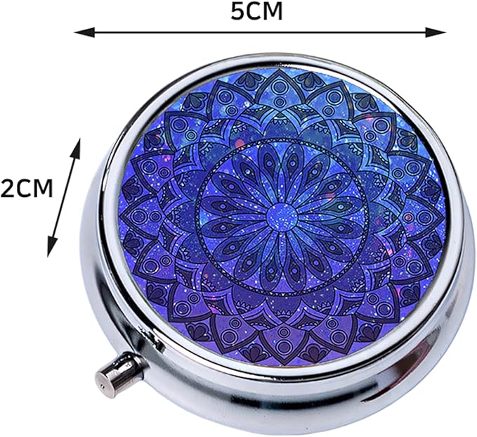 Small Pill Box with Mirror Mandala 3 Compartment Pill Holder for Purse or Pocket Bronze Portable Medicine Vitamin Container Fish Oil and Supplement Storage BPA-Free(Deep Blue Shimmer)