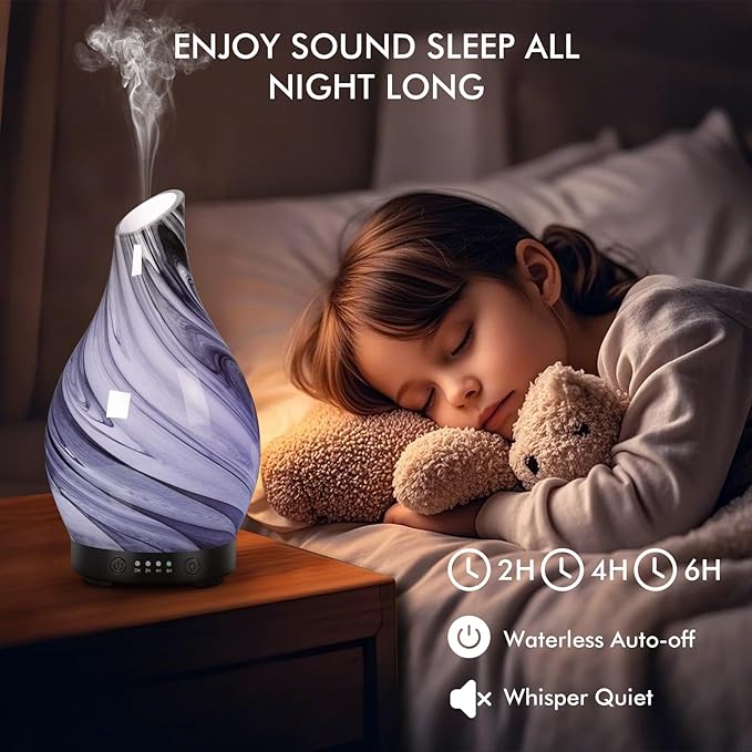Essential Oil Diffuser Aromatherapy Diffuser - Art Glass Oil Diffuser with Auto Shut-Off Protection 4 Timer Setting 7 Colors Changed LED Night Light for Home Office Decor Gift (Grey Diffuser)