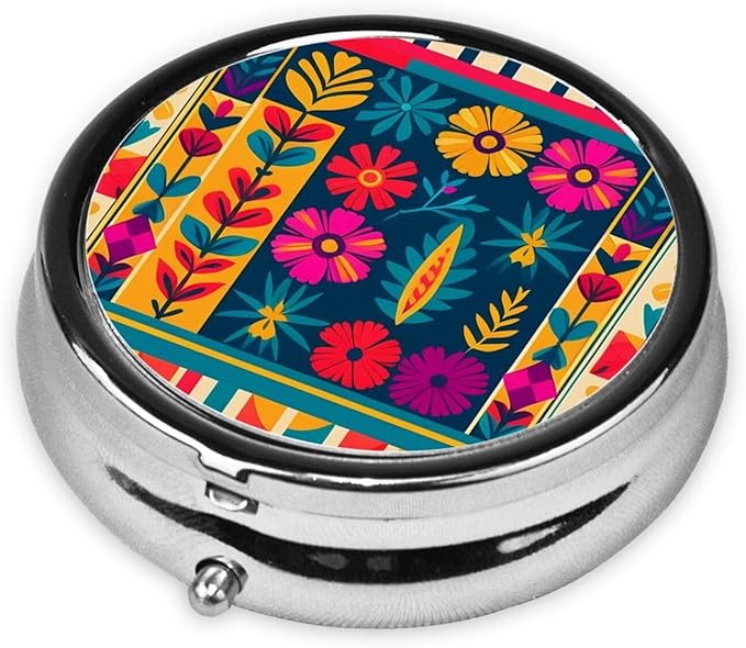 Colorful Mexican Stripes Printed Pill Organizer,Round Travel Pill Organizer Mini Medicine Pill Box for Purse Iron Plating