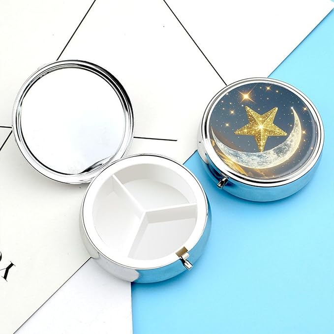 Golden Stars and Moon Pill Box Travel Pill Case for Purse Pocket Weekly Medicine Organizer with Mirror 3 Compartment Round Medicine Case Portable PillcaseHolder for Daily